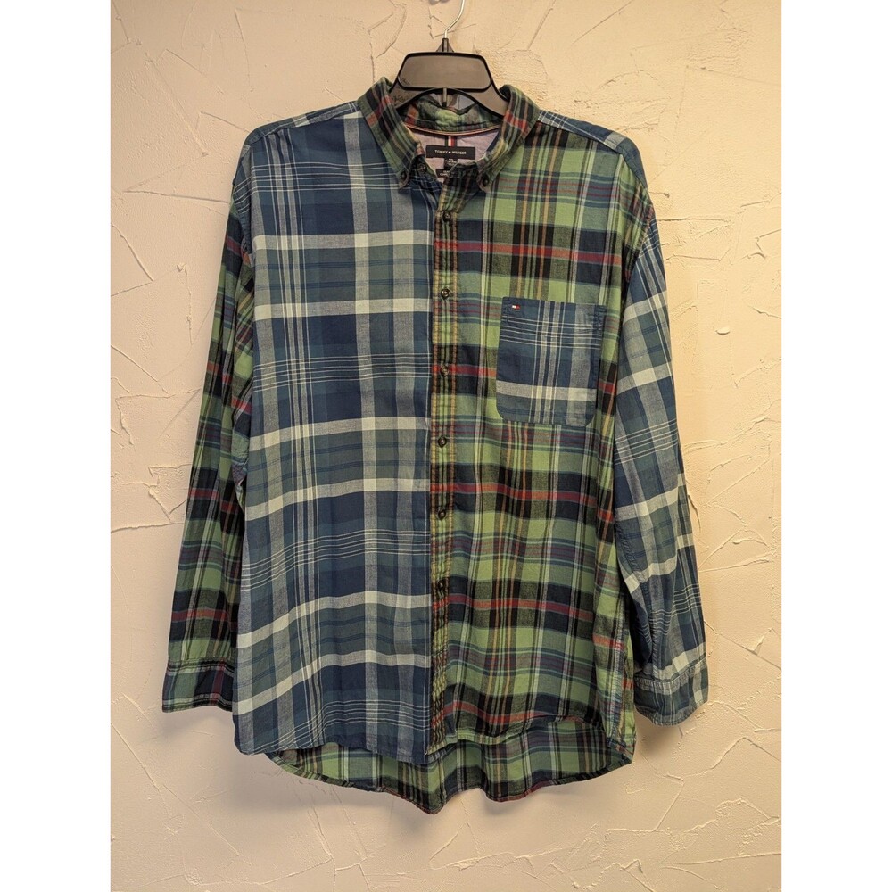 Tommy Hilfiger Men’s XXL Classic Plaid Patchwork Button Down Shirt Blue Green
